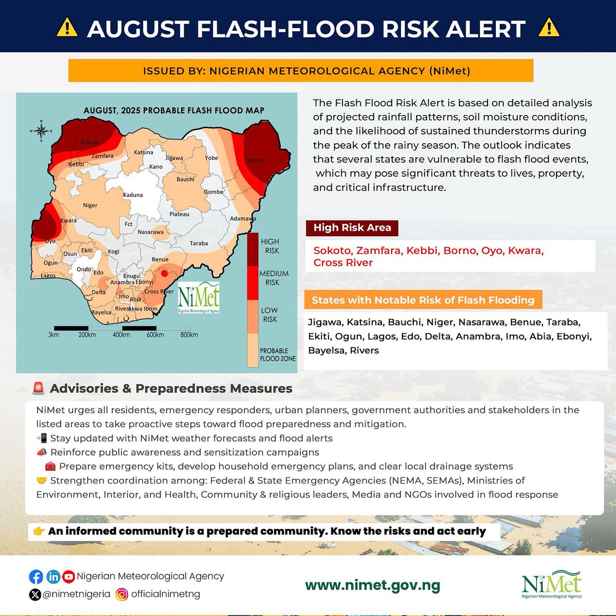 Flash Flood Risk Alert – August 2025
Issued by the Nigerian Meteorological Agency (NiMet)

The Flash Flood Risk Alert is based on detailed analysis of projected rainfall patterns, soil moisture conditions, and the likelihood of sustained thunderstorms during the peak of the rainy