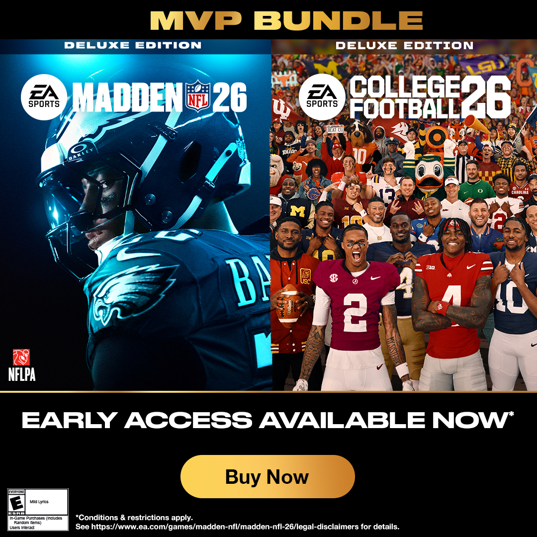 EAMaddenNFL's tweet photo. The game's ready, so we're ready. Buy the MVP Bundle to get 7 days of Early Access in Madden NFL 26, starting today. You'll also get College Football 26, 4600 Madden Points, and more.