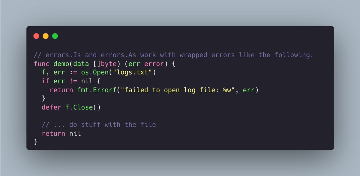 Use errors.Is and errors.As to inspect errors. These functions work with wrapped errors to allow access to the underlying error. #golang