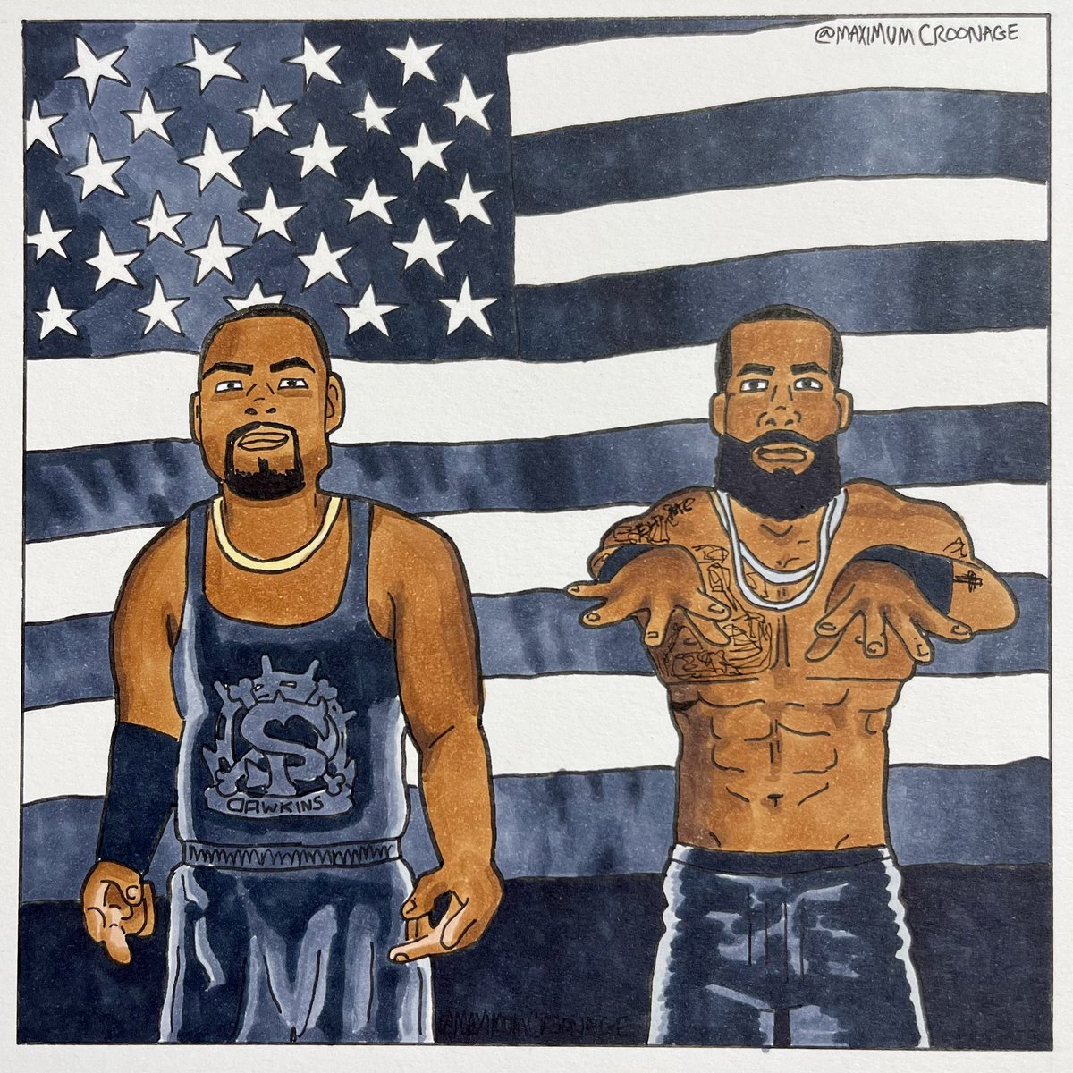 MaximumCroonage's tweet photo. @AngeloDawkins and @montezfordwwe as Big Boi and Andre 3000 for the cover of OutKast- Stankonia. The coolest mother funkers on the planet! Drawn and inked with Copic products. https://t.co/krhgWMPZgP