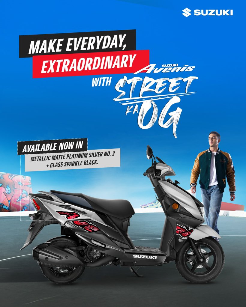 suzuki2wheelers's tweet photo. The streets just got a glow-up.
Introducing, Suzuki Avenis in new colour!
It's here to turn everyday traffic into a runway.
#SuzukiIndia #SuzukiMotorcycle #SuzukiAvenis #StreetKaOG #NewColour https://t.co/SnkVWQjgF6