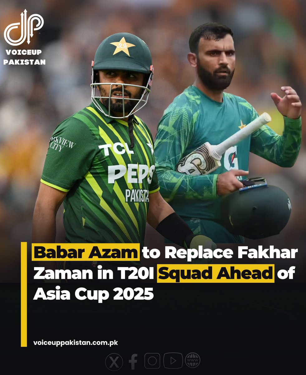 VoiceupPakistan's tweet image. Former Pakistan captain Babar Azam is being considered for a return to the national T20I squad ahead of the upcoming tri-nation series and the ACC Men’s Asia Cup 2025, sources told on Tuesday.Pakistan cricket team jersey

#BabarAzam #Replace #FakharZaman #T20I #Squad