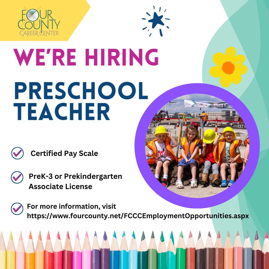 FourCountyNews's tweet photo. We're hiring! Join our team as a Preschool Teacher for the 2025/26 school year.

For more information and to apply, visit: https://t.co/SGKMdiFPCE https://t.co/Zj38OpSxCM