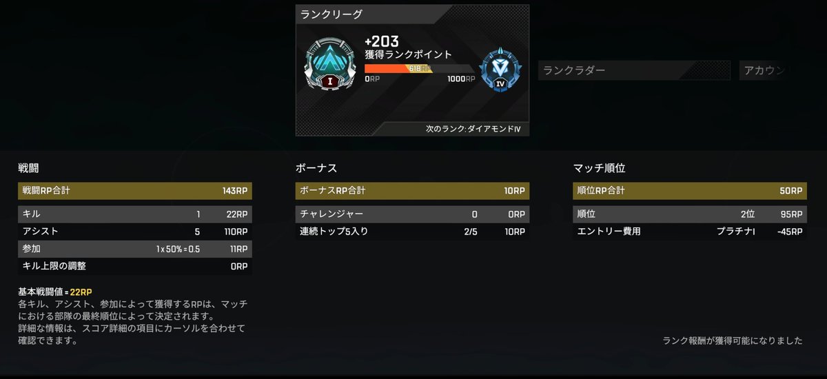 今シーズンは最後までソロラン頑張ったが、あと382RPが遠かった。。プラチナ帯で全然戦えてない。これが今の自分の実力です。