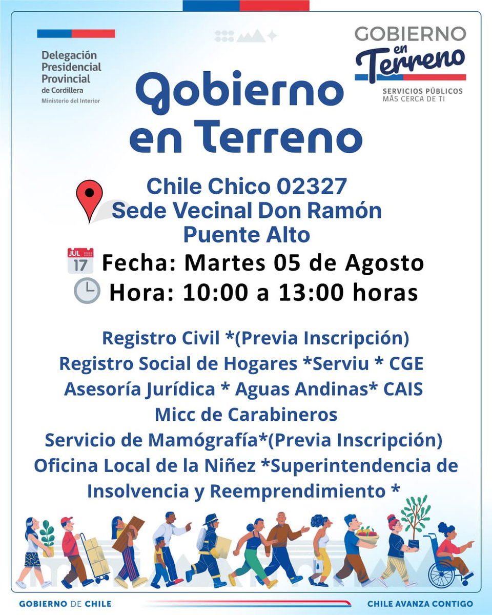 📍 Gobierno en Terreno en Chile Chico 02327, Puente Alto
Hoy de 10:00 a 13:00 hrs en la sede Vecinal Don Ramón
Contaremos con Registro Civil, Serviu, CGE, asesoría jurídica, mamografías, CAIS, MICC y más servicios.
¡Te esperamos!