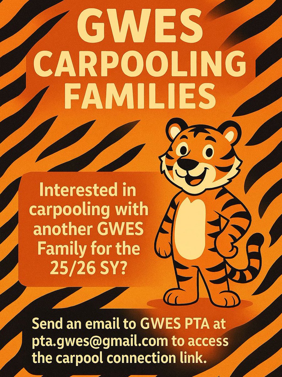 Glenarden Woods ES (@gwes_pgcps) on Twitter photo 🚗 GWES Carpooling 25/26! 🐯
Looking for a carpool buddy next year? PTA is connecting families!
📧 Email: pta.gwes@gmail.com to join the list & get linked with others nearby.
Let’s make drop-offs easier!
#GWESTigers #CarpoolConnection #GWESCommunity 🚗 GWES Carpooling 25/26! 🐯
Looking for a carpool buddy next year? PTA is connecting families!
📧 Email: pta.gwes@gmail.com to join the list & get linked with others nearby.
Let’s make drop-offs easier!
#GWESTigers #CarpoolConnection #GWESCommunity