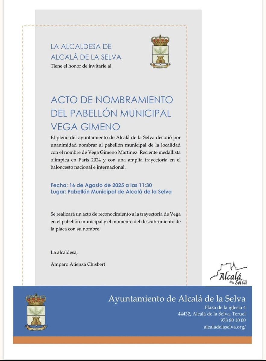 Peña Zgz Alcala (@pzgzalcala) on Twitter photo El próximo 16 de agosto nuestro pabellón pasará a llamarse: " Pabellón Municipal Vega Gimeno "
Si quieres acompañarnos en este bonito reconocimiento y conocer a <a href="/vegagimeno/">Vega Gimeno</a> en persona, estás invitad@. El próximo 16 de agosto nuestro pabellón pasará a llamarse: " Pabellón Municipal Vega Gimeno "
Si quieres acompañarnos en este bonito reconocimiento y conocer a <a href="/vegagimeno/">Vega Gimeno</a> en persona, estás invitad@.