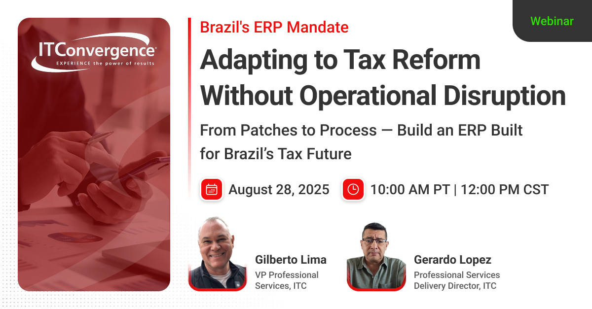 CBS/IBS isn’t just Brazil’s problem.
If your Oracle ERP touches Brazilian transactions, even once, you’re exposed.

Join our expert-led webinar for global ERP teams navigating CBS/IBS reform.

REGISTER NOW!
hubs.ly/Q03BjQZD0
#Braziltax #Webinar #ERP #CBSIBS