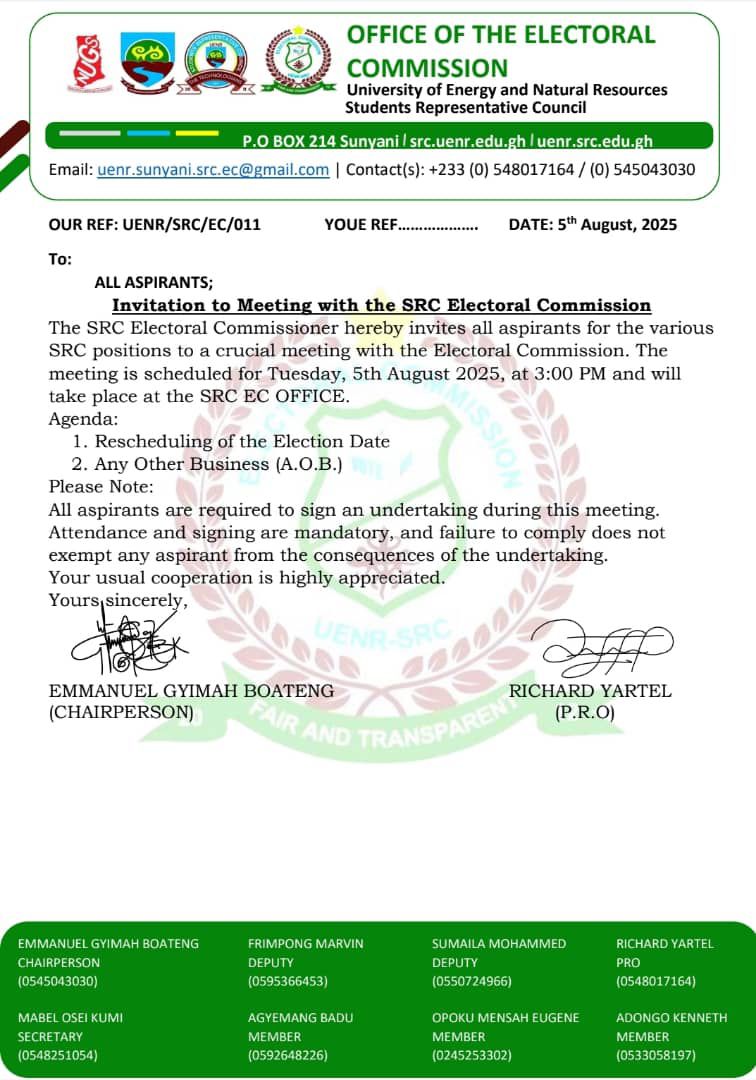 Rescheduling Elections: Aspirants’ Meeting with the Electoral Commission
#SRC/LNUGSUENR2025 #UENRDecides