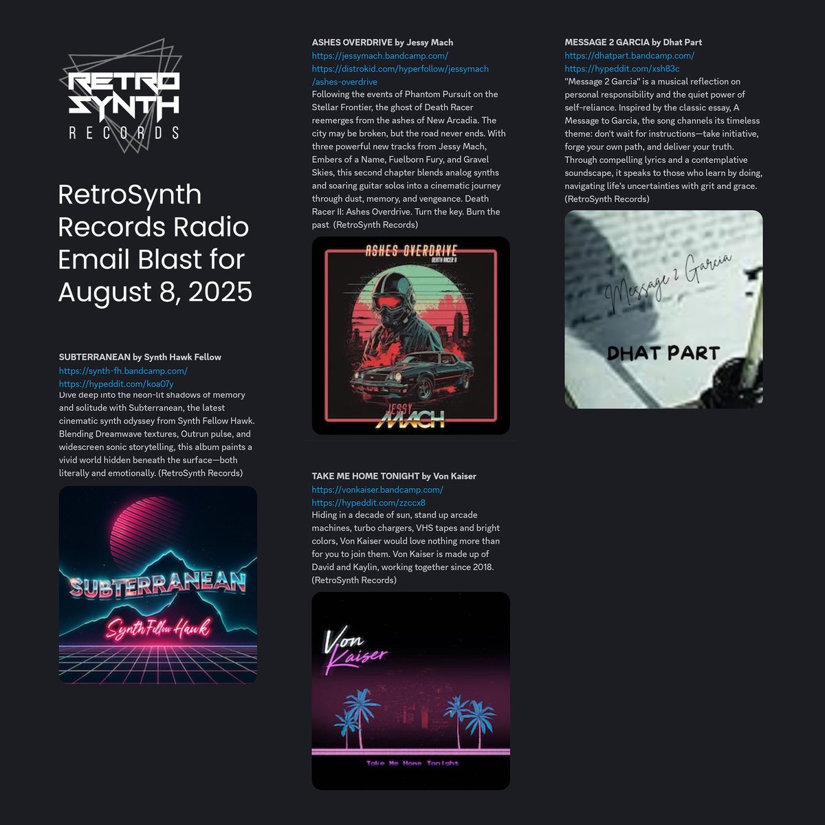 Emotiv Media Group - RetroSynth (@emotivmediagrp) on Twitter photo Here's what's going out to radio from the <a href="/RetroSynthRecs/">RetroSynth Records</a> Collective for August 8 this week.
@Synth_FH
@JessyMachMusic
<a href="/VonKaiserMusic/">Von Kaiser</a>
@DhatPartMusic Here's what's going out to radio from the <a href="/RetroSynthRecs/">RetroSynth Records</a> Collective for August 8 this week.
@Synth_FH
@JessyMachMusic
<a href="/VonKaiserMusic/">Von Kaiser</a>
@DhatPartMusic