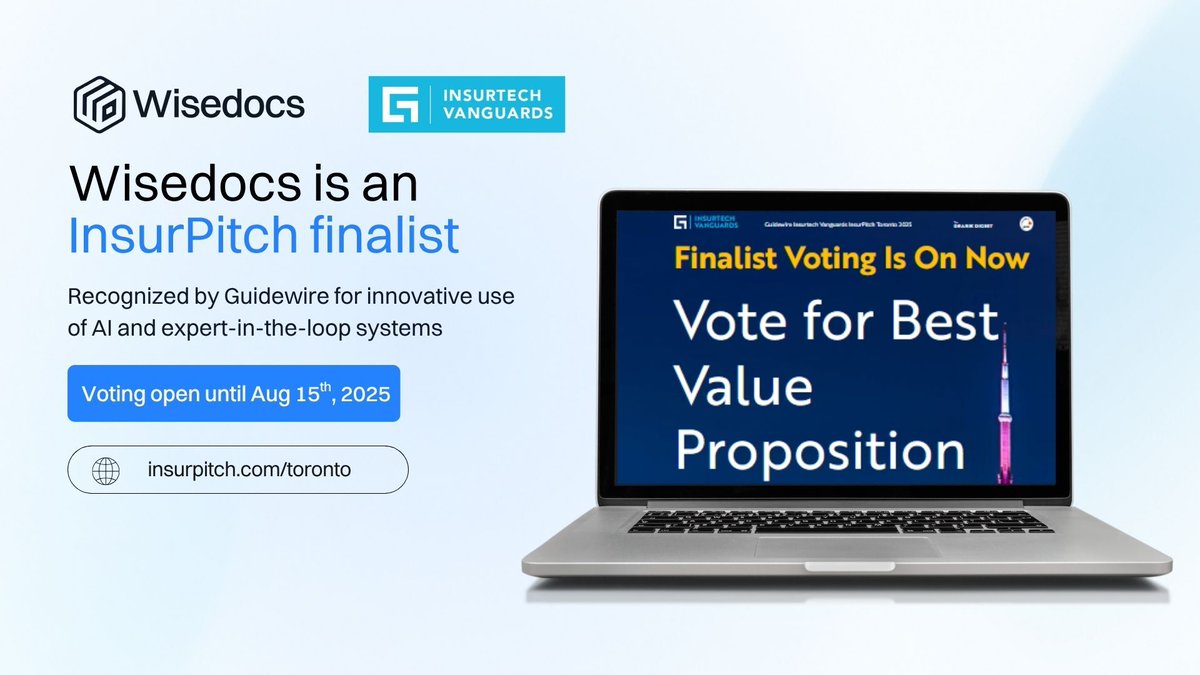Wisedocs (@wisedocsai) on Twitter photo Wisedocs is a finalist for InsurPitch Toronto 2025 ๐
Grateful to <a href="/Guidewire_PandC/">Guidewire Software</a> for recognizing our AI-powered claims solution with expert human oversight.
Only 10 days left to vote! ๐ฅ hubs.ly/Q03zxmRb0
#Wisedocs #InsurPitch #HumanInTheLoop Wisedocs is a finalist for InsurPitch Toronto 2025 ๐
Grateful to <a href="/Guidewire_PandC/">Guidewire Software</a> for recognizing our AI-powered claims solution with expert human oversight.
Only 10 days left to vote! ๐ฅ hubs.ly/Q03zxmRb0
#Wisedocs #InsurPitch #HumanInTheLoop