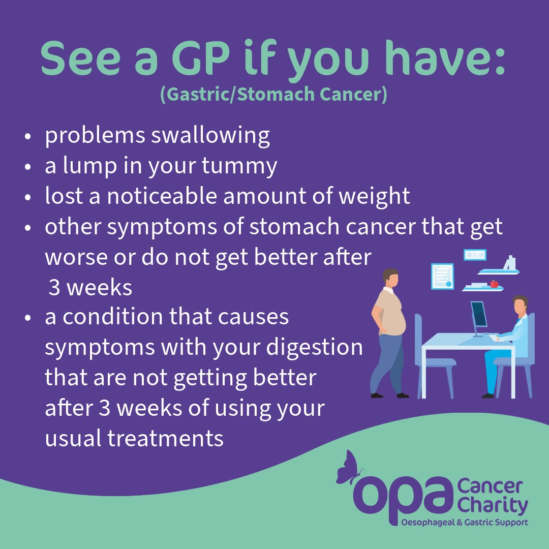 Gastric/Stomach Cancer- when should you see your GP?

Information from NHS.

#opa #cancer #charity #OesophagealCancer #Oesophagus #OesophagealCancerAwareness