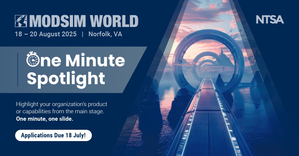 Deadline this Friday! One-Minute-Spotlight at #MODSIMWorld 2025 – one slide in one minute to introduce yourself and your organization's capabilities. Submit your interest today at bit.ly/3GYLO8z before the 8 August deadline.