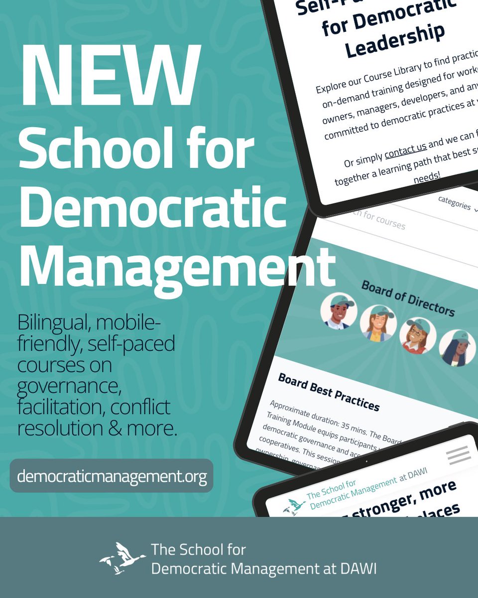 The Democracy at Work Institute (@wearedawi) on Twitter photo 🚨 It’s here! The School for Democratic Management just launched a powerful new learning platform. Find free courses on governance, facilitation, conflict resolution & more. democraticmanagement.org
#WorkerCooperatives #DemocraticManagement #SchoolForDemocraticManagement 🚨 It’s here! The School for Democratic Management just launched a powerful new learning platform. Find free courses on governance, facilitation, conflict resolution & more. democraticmanagement.org
#WorkerCooperatives #DemocraticManagement #SchoolForDemocraticManagement