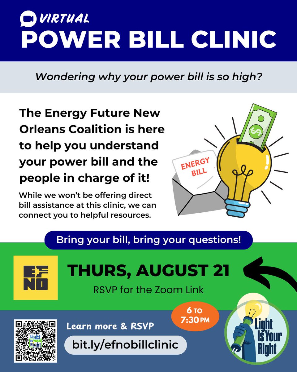 Alliance for Affordable Energy (@all4energy) on Twitter photo Have your power bills been way too high lately? Let’s talk about it. Come to <a href="/EF__NO/">Energy Future New Orleans</a>'s Virtual Bill Clinic on Aug 21 at 6pm. We’ll break down what all those charges are, who’s making the decisions & how YOU can lower your bill. Register for the zoom link 👉bit.ly/efnobillclinic Have your power bills been way too high lately? Let’s talk about it. Come to <a href="/EF__NO/">Energy Future New Orleans</a>'s Virtual Bill Clinic on Aug 21 at 6pm. We’ll break down what all those charges are, who’s making the decisions & how YOU can lower your bill. Register for the zoom link 👉bit.ly/efnobillclinic
