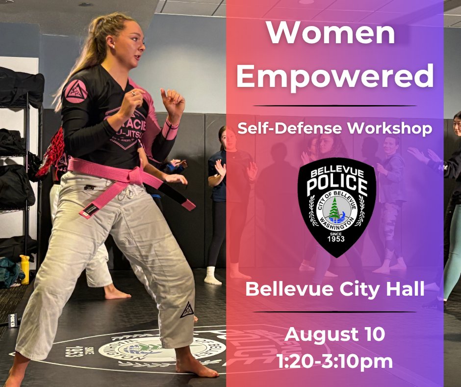 The Bellevue Police Department (WA) (@bvuepd) on Twitter photo This Sunday at the Women Empowered Workshop, participants will learn how to use elbow escape techniques.
Space is very limited. Email chanaumi@bellevuewa.gov to claim your spot. This Sunday at the Women Empowered Workshop, participants will learn how to use elbow escape techniques.
Space is very limited. Email chanaumi@bellevuewa.gov to claim your spot.