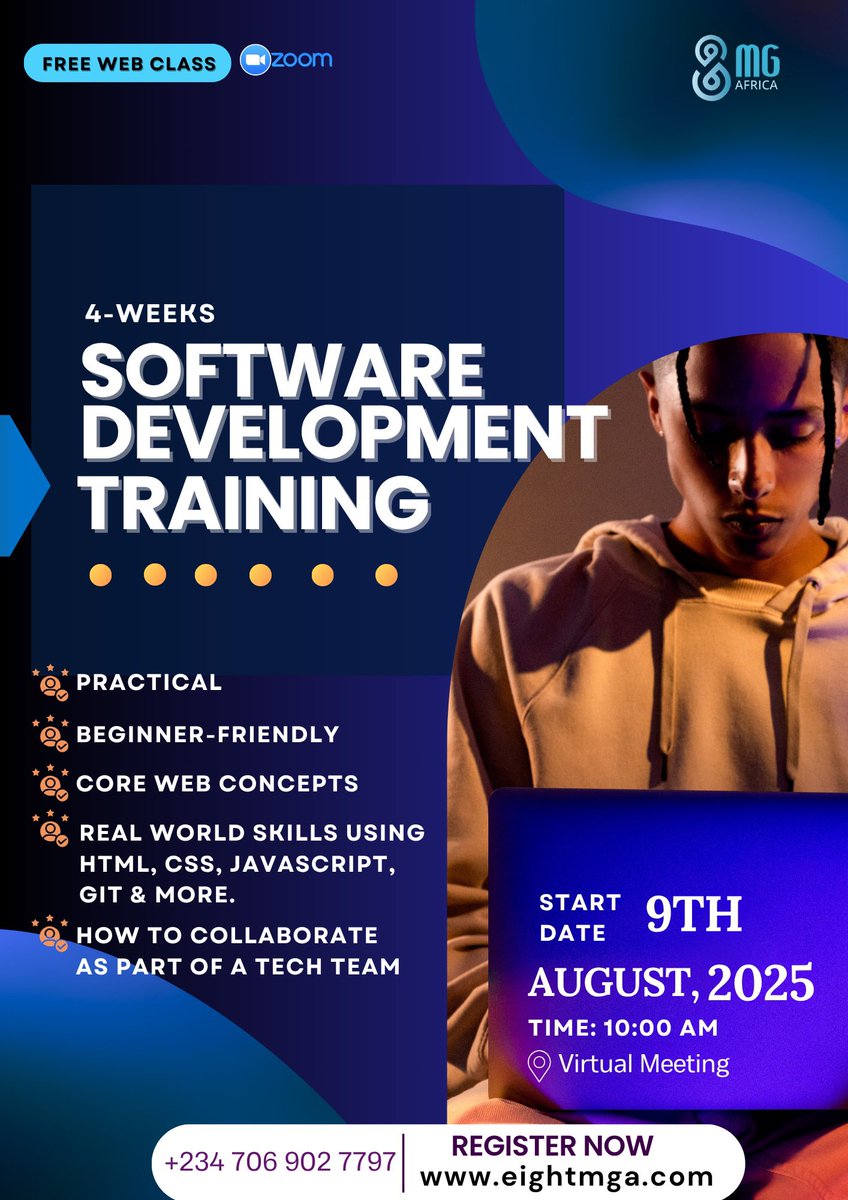 8MGAfrica's tweet image. 8MG Africa is launching a FREE 4-week Software Development Training!
🔹 Starts Aug 9
🔹 No experience needed
🔹 Live expert sessions
🔹 Hands-on coding
Register here 👉 t.me/+dxeUPhH299o3Y…
#8MGAfrica #FreeCodingClass #TechForAfrica #YouthInTech