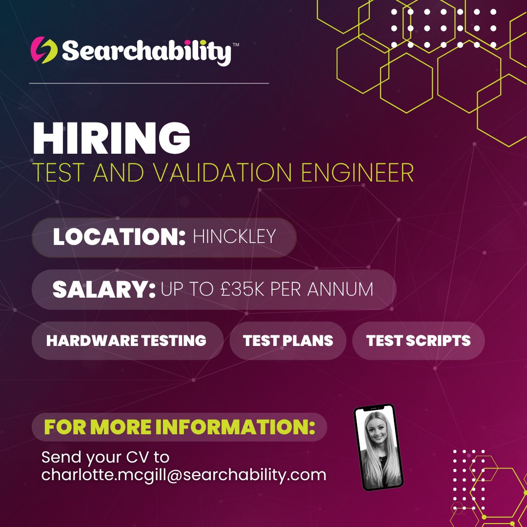 Join a well established company who’re world leaders in their industry as their latest Software Test Engineer! 🧑🏻‍💻

&gt; Hybrid working 3 days onsite in Hinckley
&gt; Experience with hardware testing needed
&gt; Engineering qualification Level 4, Level 5 or a degree

Find out more &amp; apply: