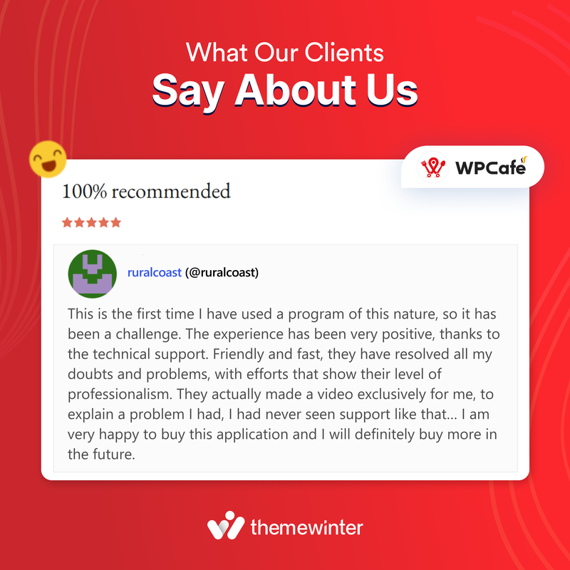 🎉 A Big Thank You to Our Happy User! 🫶

We're thrilled you’re loving WPCafe and our support.
Your feedback inspires us to keep improving every day 💙

Thanks for being part of the Themewinter family!

Explore WPCafe ➡️ themewinter.com/wp-cafe/

#WordPress #Themewinter #WPCafe