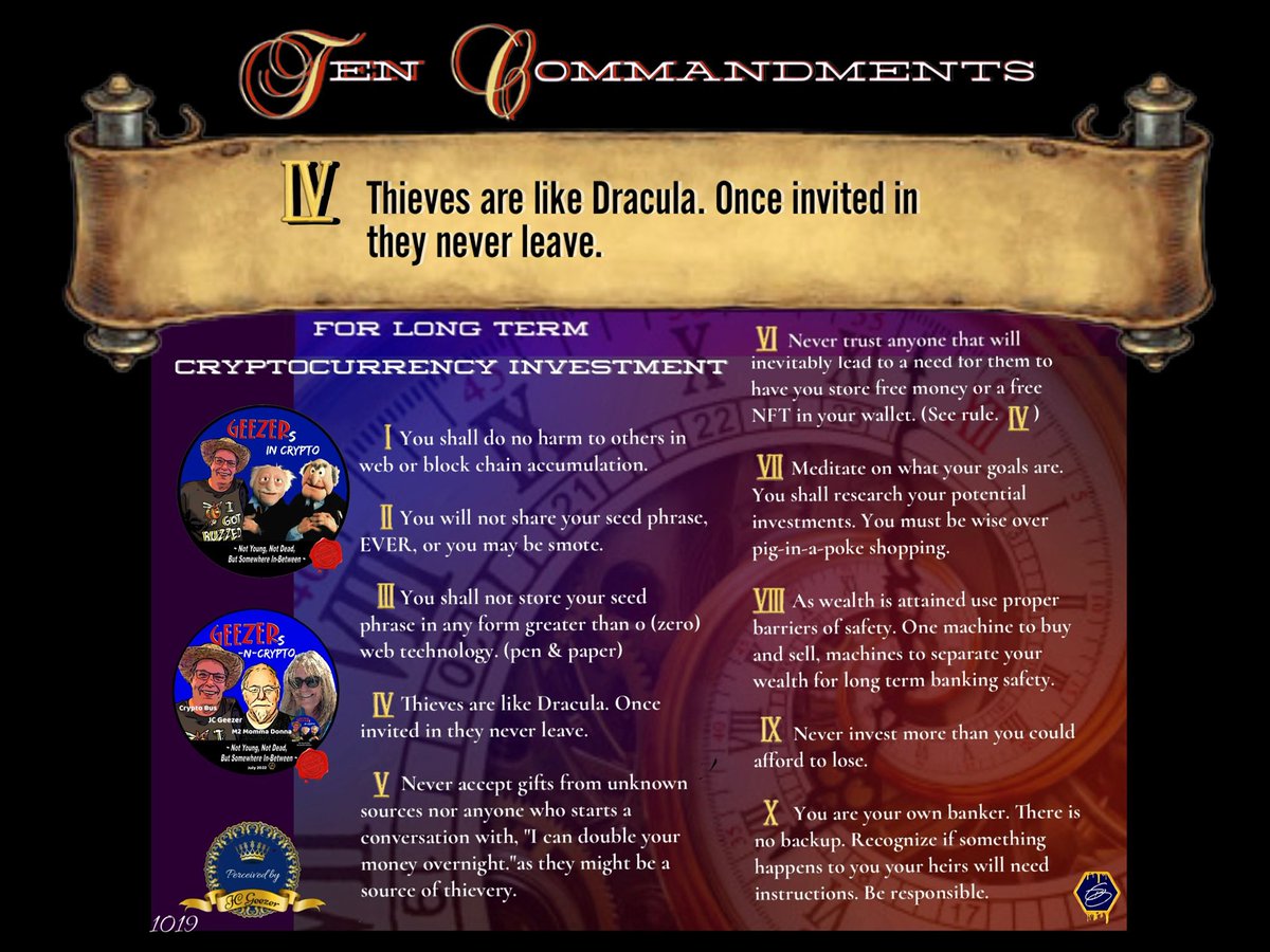The 10 Commandments is for long-term cryptocurrency investment. It is a guide for help you to protecting yourself. Educate yourself by listening to <a href="/GEEZERSnCRYPTO/">⚡️GEEZERSnCRYPTO (🐝🐐)</a> morning Show on X-Spaces.
Monday-Friday at 11:00am (est)…