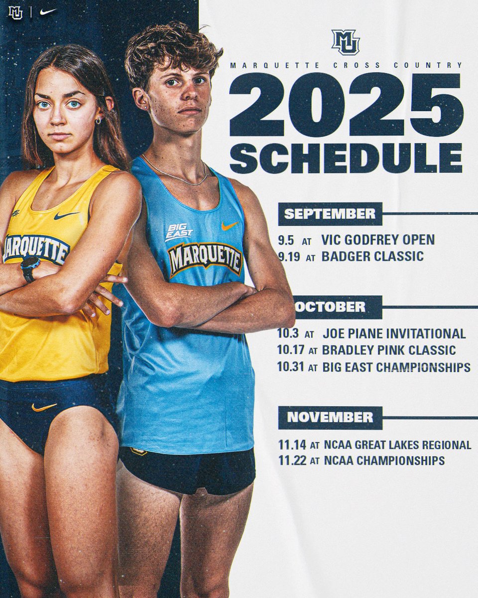 Marquette TF/XC (@mutfxc) on Twitter photo 🚨2025 XC SCHEDULE🚨
Four regular season events before the <a href="/BIGEAST/">BIG EAST Conference</a> Championships in late October!
#WeAreMarquette 🚨2025 XC SCHEDULE🚨
Four regular season events before the <a href="/BIGEAST/">BIG EAST Conference</a> Championships in late October!
#WeAreMarquette