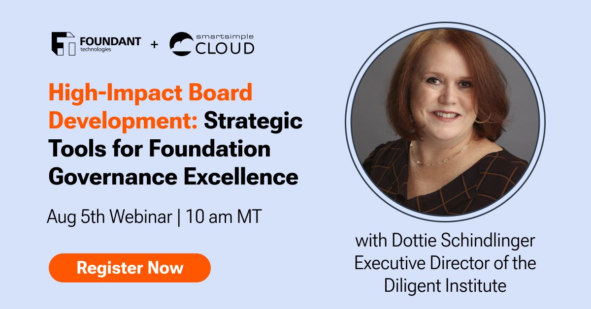 Foundant's tweet image. Less than ONE HOUR till we kick off our board & leadership series w/ Dottie Schindlinger, ED of @diligentHQ Institute,. This webinar is facilitated by best-selling author Darian Rodriguez Heyman okt.to/OMBxCp #BoardDevelopment