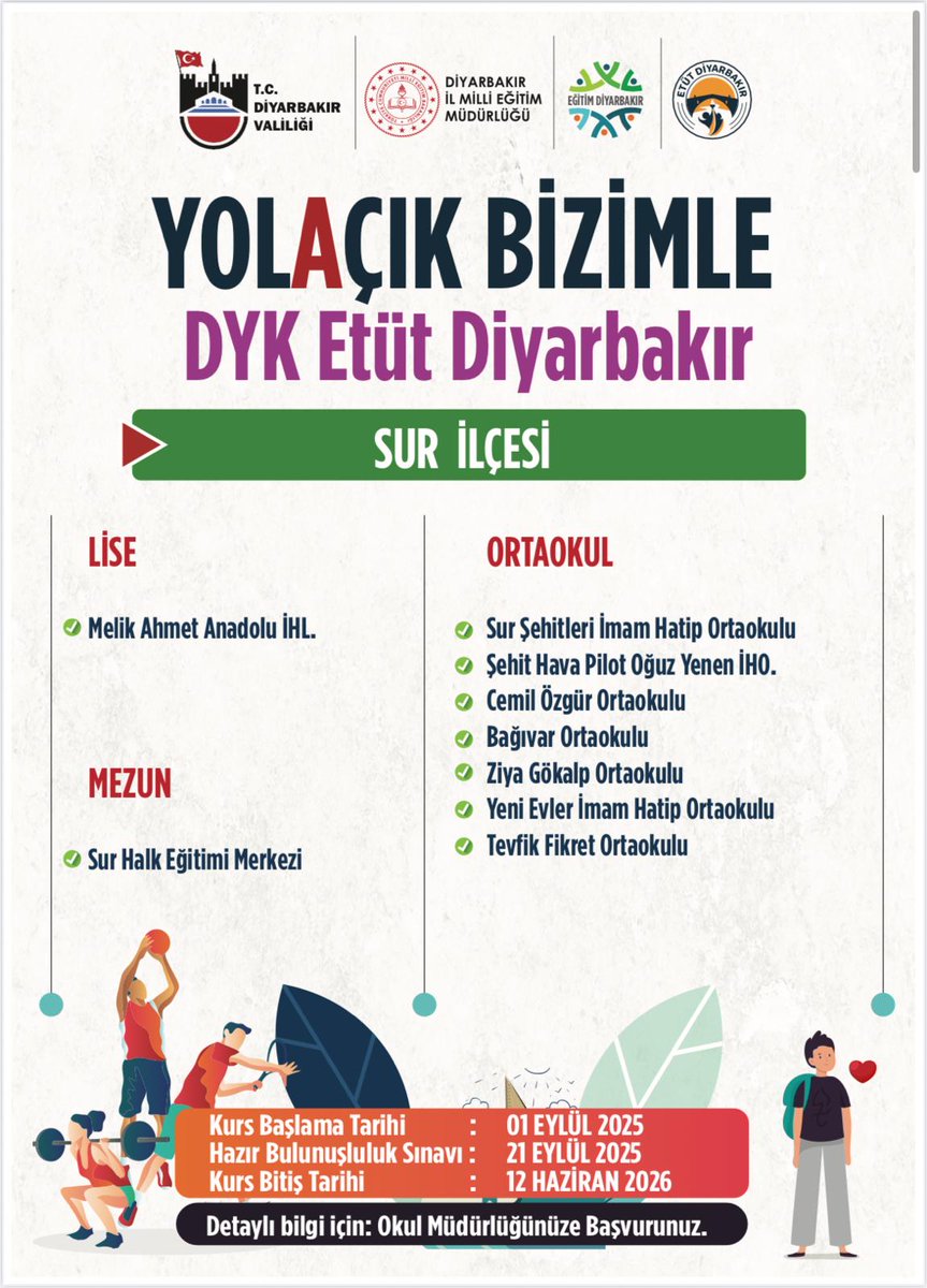 Yol🅰️çık Bizimle DYK ETÜT Diyarbakır

Bakanlığımız koordinesinde yürütülen Destekleme ve Yetiştirme Kursları (DYK) kapsamında, ilimizde hayata geçirilen DYK Etüt Diyarbakır Projemiz ile LGS ve YKS’ye hazırlanan 8, 11, 12. sınıf ile mezun öğrencilerimize yönelik kurs başvuruları