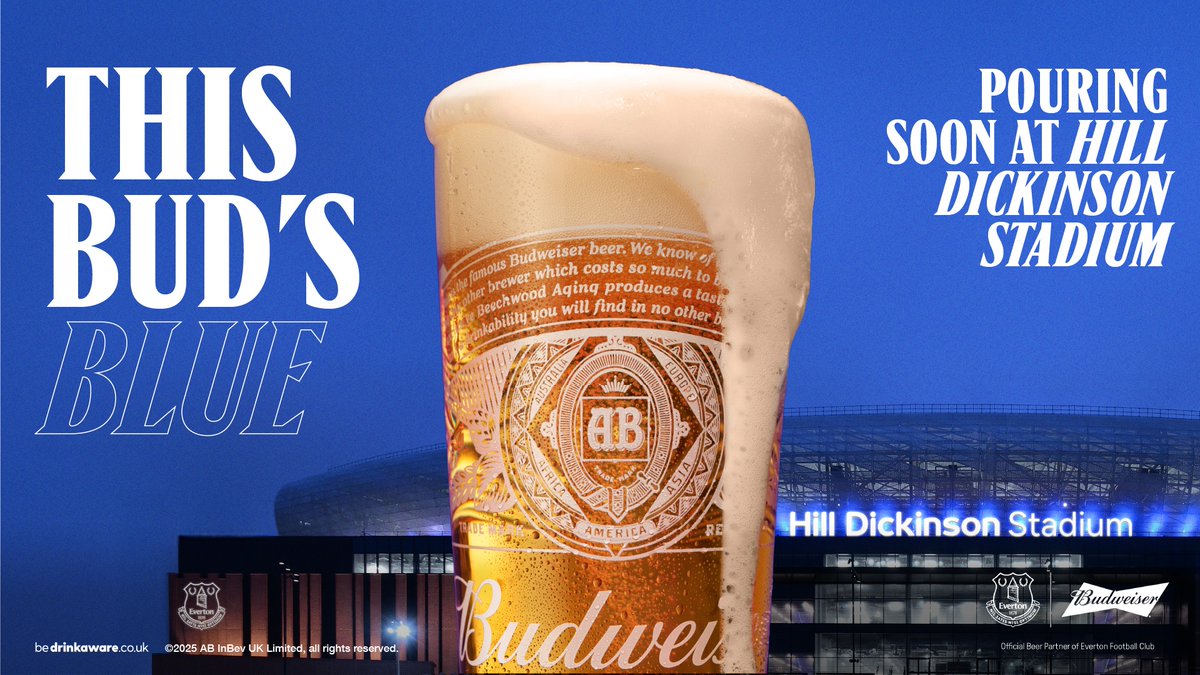 🚨 Everton Football Club is delighted to announce that Budweiser will become a Founding Partner of Hill Dickinson Stadium, as part of a landmark agreement with Budweiser Brewing Group (BBG), a part of AB InBev, the world’s largest brewer. 🔵