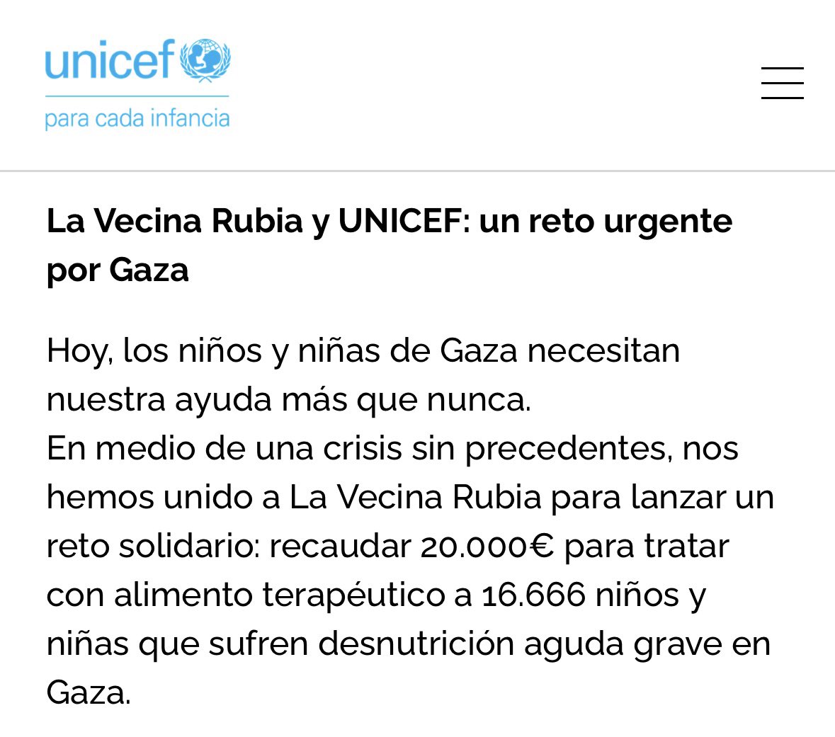 La Vecina Rubia (@lavecinarubia) on Twitter photo Junto a <a href="/unicef_es/">UNICEF España</a> hemos lanzado un reto urgente: recaudar 20 000 euros para dar alimento terapéutico a niños y niñas con desnutrición aguda grave en Gaza.
No podemos mirar hacia otro lado.
¿Te sumas?
colabora.unicef.es/ayudagaza Junto a <a href="/unicef_es/">UNICEF España</a> hemos lanzado un reto urgente: recaudar 20 000 euros para dar alimento terapéutico a niños y niñas con desnutrición aguda grave en Gaza.
No podemos mirar hacia otro lado.
¿Te sumas?
colabora.unicef.es/ayudagaza