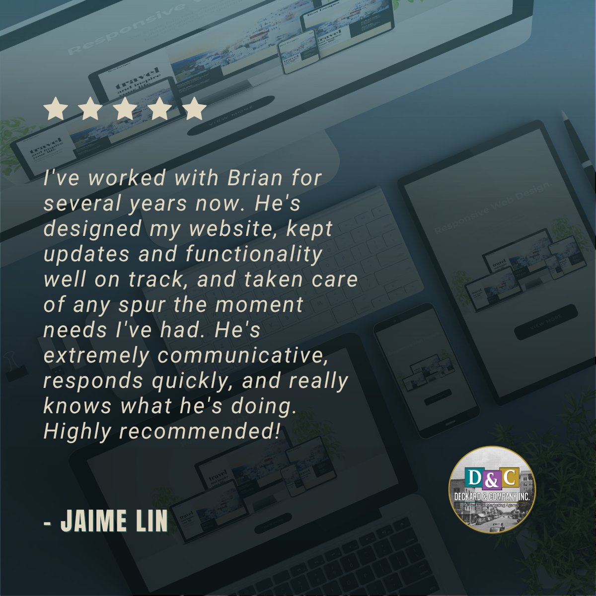 DeckardCompany's tweet image. 💬 “Highly recommended”, and that’s just the beginning!

Thanks for sticking with us, Jaime.
📩 Want a web partner who actually shows up? You’ve just found one.

#ClientExperience #WebDesignExperts #DeckardAndCompany