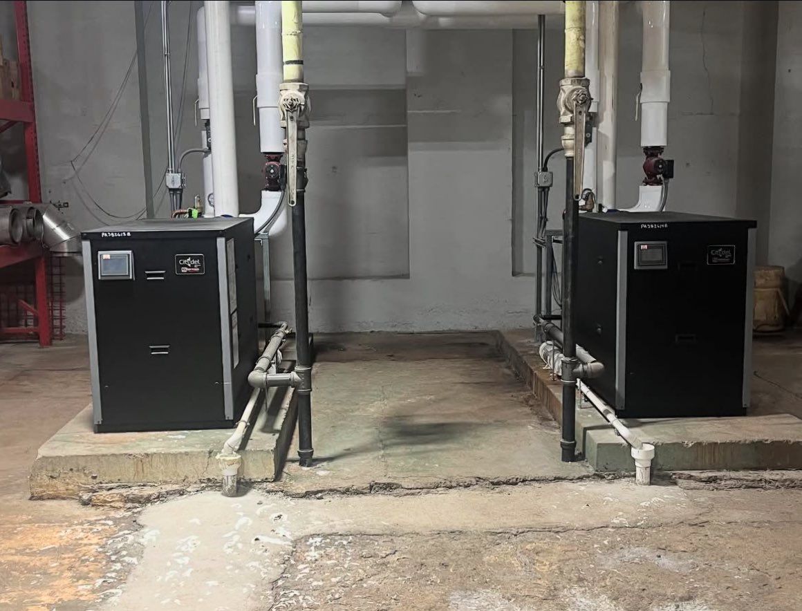 usboiler's tweet photo. Riley Inc. in Altoona, PA swapped some old conventional boilers for a set of Citadel high-efficiency boilers for the hydronic system serving the biggest church in town.  We dig it!  #hydronics #boilersystems https://t.co/ve69D1Lf8v