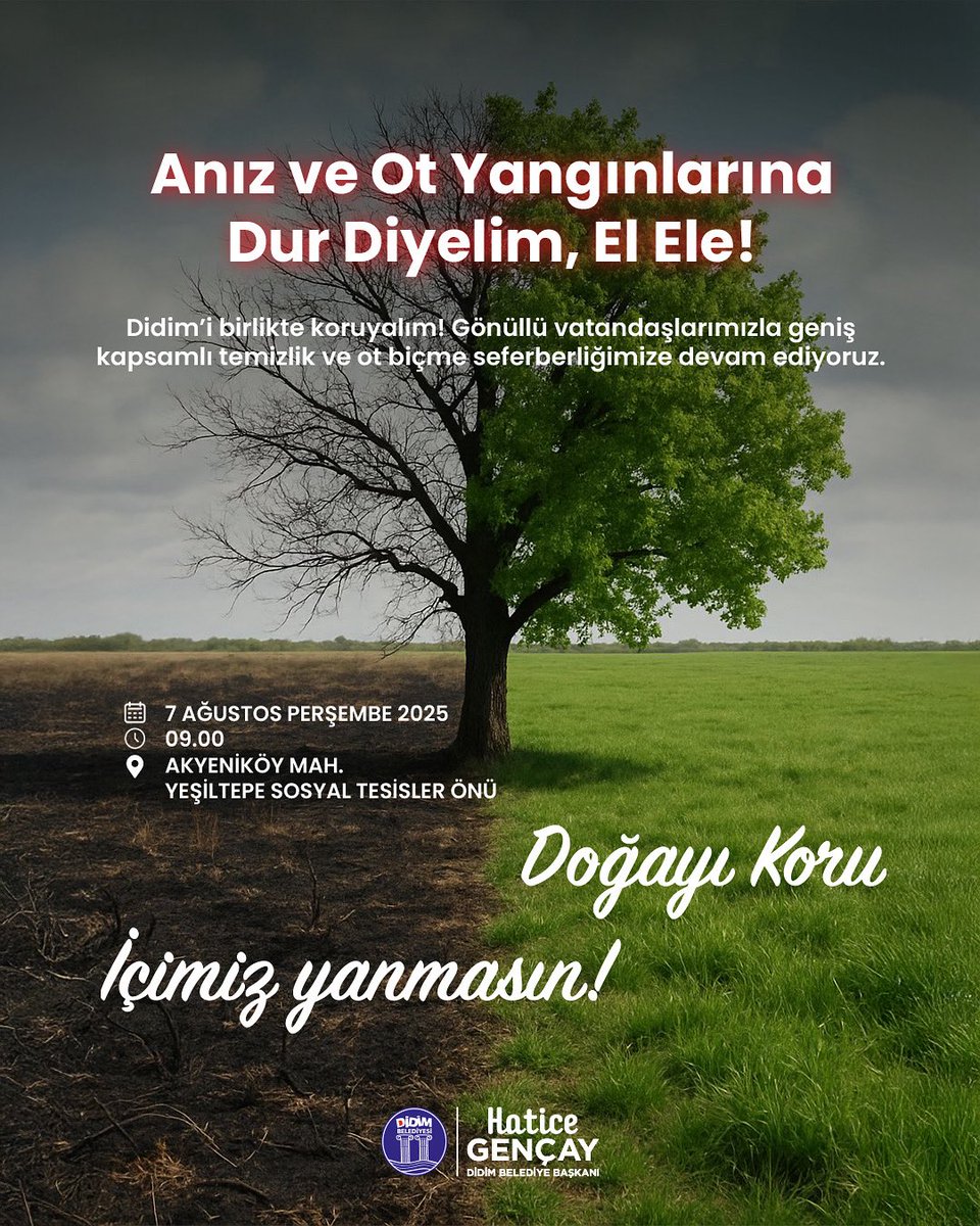🌿 #Didim Kenetleniyor! 💪
Yazın artan anız ve kuru ot yangınlarına karşı #Akyeniköy’de temizlik ve biçme kampanyasına devam ediyoruz.

Unutma: Bir kıvılcım toprağı da yüreğimizi de yakar. Sen yoksan bir kişi eksiğiz! 🌱