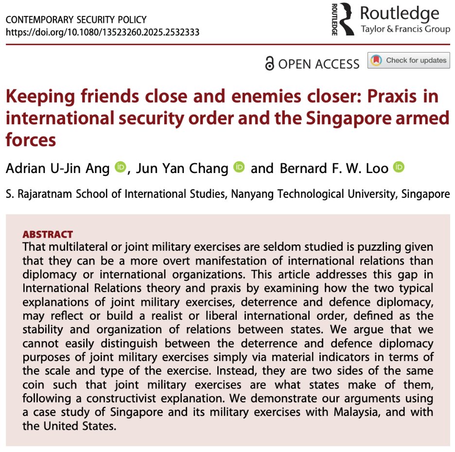 CSP Journal (@csp_journal) on Twitter photo 🚨new article online
Joint military exercises serve both deterrence + defence diplomacy purposes simultaneously, argue <a href="/AUJ_Ang/">Adrian Ang</a>, Jun Yan Chang & <a href="/bfwloo64/">Bernard FW Loo</a> based on a case study of S'pore 🇸🇬
Watch out 👀more on the topic in a forthcoming special issue!
👉tandfonline.com/doi/full/10.10… 🚨new article online
Joint military exercises serve both deterrence + defence diplomacy purposes simultaneously, argue <a href="/AUJ_Ang/">Adrian Ang</a>, Jun Yan Chang & <a href="/bfwloo64/">Bernard FW Loo</a> based on a case study of S'pore 🇸🇬
Watch out 👀more on the topic in a forthcoming special issue!
👉tandfonline.com/doi/full/10.10…
