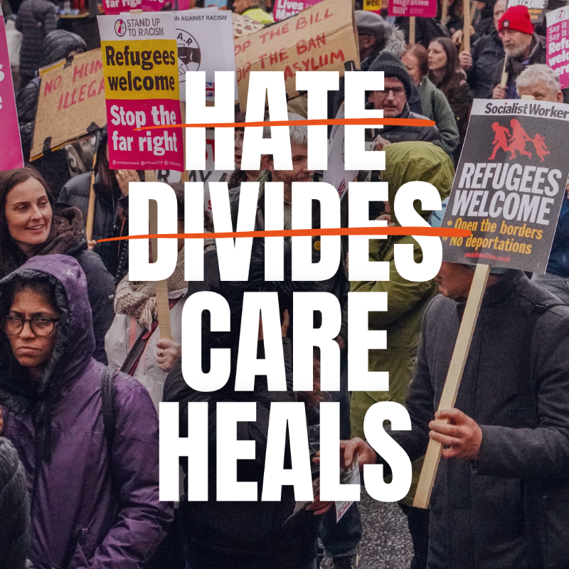 DOTW_UK's tweet photo. We stand in solidarity with refugees and asylum seekers - now and always.

As racist intimidation continues outside asylum hotels this year, we remain committed to ensuring our patients have access to healthcare and support.

We must nurture a nation that cares for all 💙