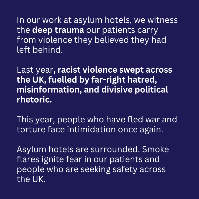 DOTW_UK's tweet photo. We stand in solidarity with refugees and asylum seekers - now and always.

As racist intimidation continues outside asylum hotels this year, we remain committed to ensuring our patients have access to healthcare and support.

We must nurture a nation that cares for all 💙