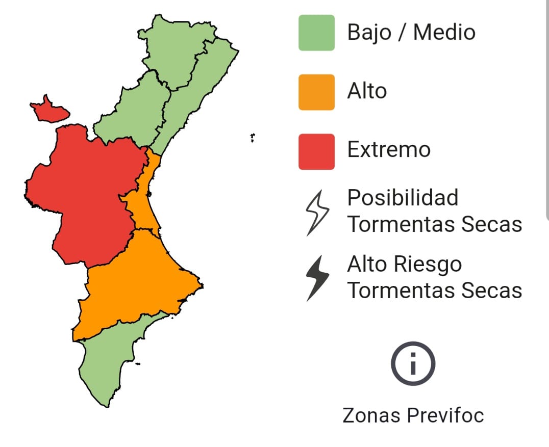 🔥El nivell de preemergència per risc d'incendis forestals per a demà 06/08 és:

🔴Extrem a l'interior de València
🟠Alt al litoral de València i el nord de la província d'Alacant.
🟢Baix-mitjà a la província de Castelló i sud d'Alacant.

💡Recordem que amb nivell 3 extrem està