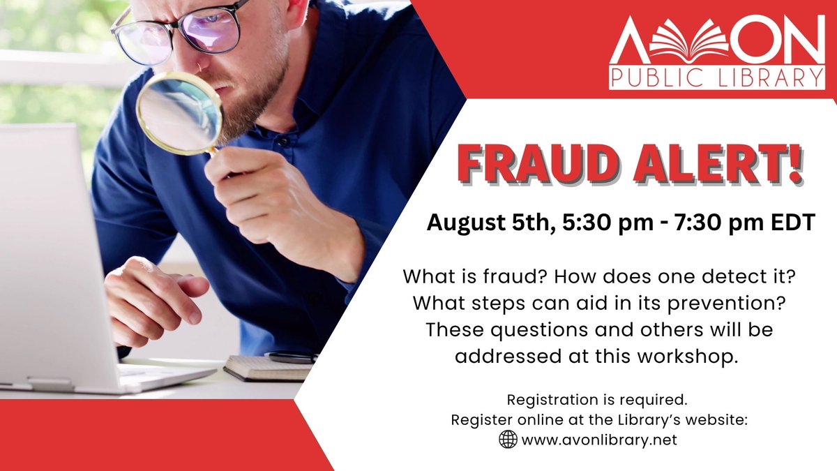 If you are interested in learning how to protect yourself from fraud, join our class tonight at the Avon Library at 5:30 PM. There are some open seats so feel free to join us even if you didn't have time to register in advance. See you tonight!
More info: avtp-cep.bc.sirsidynix.net/event/fraud-al…