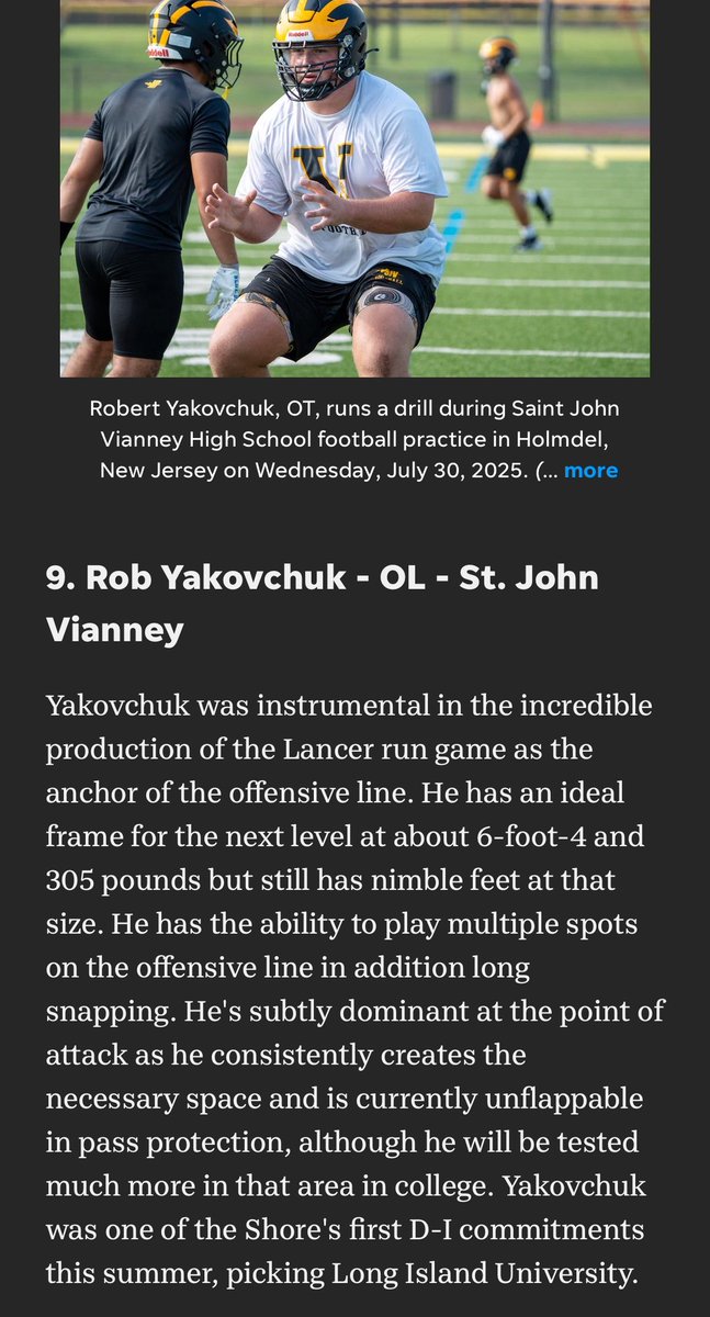 Rob Yakovchuk (@robyakovchuk52) on Twitter photo Nice to be recognized by the <a href="/APPSportsDesk/">APPSportsDesk</a> and <a href="/JakeMatson/">Jake Matson</a> as the #2 ranked OL and #9 ranked player over all in their “The Shore 75: ranking the top local high school football recruits” for the Jersey Shore. A lot of work to still be done!
<a href="/sjvlancerfb/">SJVLancerFootball</a> <a href="/SjvProspects/">St John Vianney H.S Football Prospects</a> <a href="/GregPenta/">Greg Penta</a> Nice to be recognized by the <a href="/APPSportsDesk/">APPSportsDesk</a> and <a href="/JakeMatson/">Jake Matson</a> as the #2 ranked OL and #9 ranked player over all in their “The Shore 75: ranking the top local high school football recruits” for the Jersey Shore. A lot of work to still be done!
<a href="/sjvlancerfb/">SJVLancerFootball</a> <a href="/SjvProspects/">St John Vianney H.S Football Prospects</a> <a href="/GregPenta/">Greg Penta</a>
