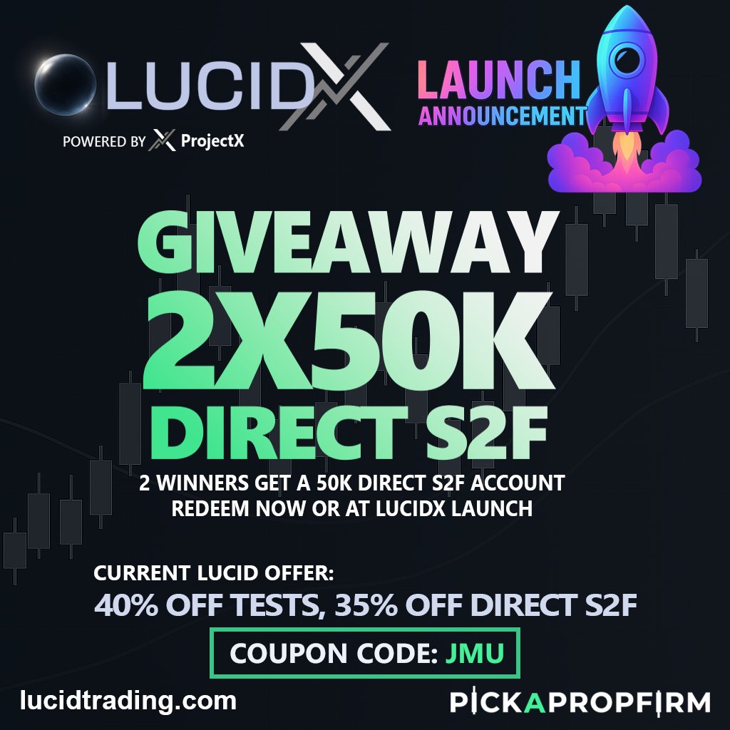 🚀 LUCIDX LAUNCH GIVEAWAY 🚀
2x 50K DIRECT S2F accounts!
TO ENTER: 
1️⃣ Follow @Tradinglucid, <a href="/jmutrades/">Jmu</a>, &amp; @pickapropfirm
2️⃣ Like &amp; RT 
3️⃣ Tag 3 friends
4️⃣ Tell us what you love most about Lucid! Need ideas? prop.deal/Lucid has you covered.
📅 Two winners will be selected