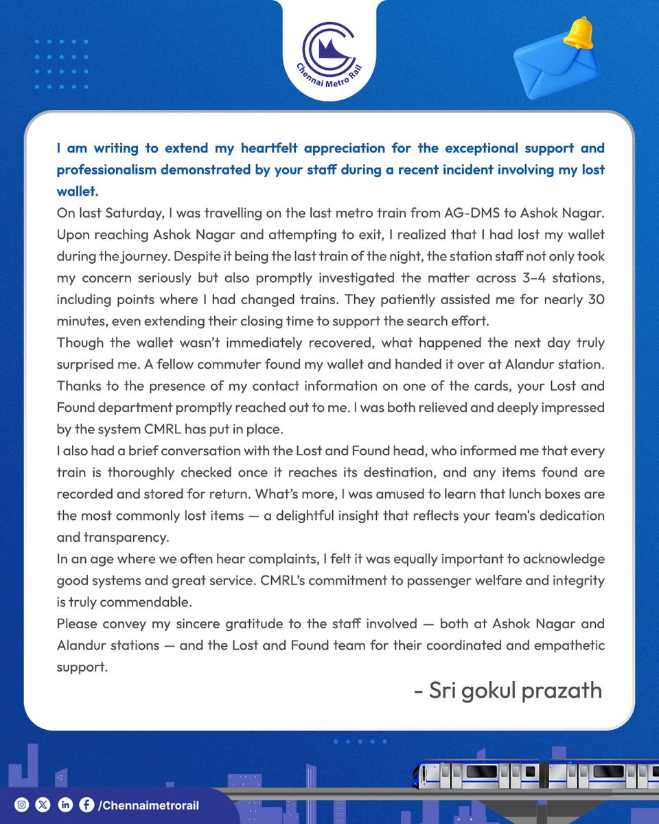 At Chennai Metro, we are committed to ensuring the safety of both our passengers and their belongings.

#ChennaiMetro #CMRL #MetroRide #ChennaiMetroCares #ChennaiMetroRail #LostandFound