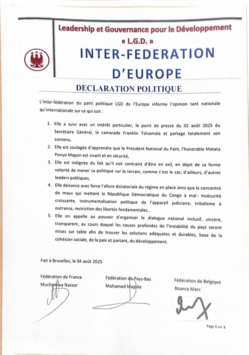 Baelenge Irenge (@baelenge_irenge) on Twitter photo #RDC : Depuis Bruxelles, l’interfédération LGD-Europe soutient le SG Franklin Tshiamala et salue la sécurité de <a href="/Mapon_Matata/">Matata Ponyo Mapon</a>. Elle dénonce la dérive autoritaire à Kinshasa et appelle à un dialogue national inclusif pour la paix et le développement. #RDC : Depuis Bruxelles, l’interfédération LGD-Europe soutient le SG Franklin Tshiamala et salue la sécurité de <a href="/Mapon_Matata/">Matata Ponyo Mapon</a>. Elle dénonce la dérive autoritaire à Kinshasa et appelle à un dialogue national inclusif pour la paix et le développement.