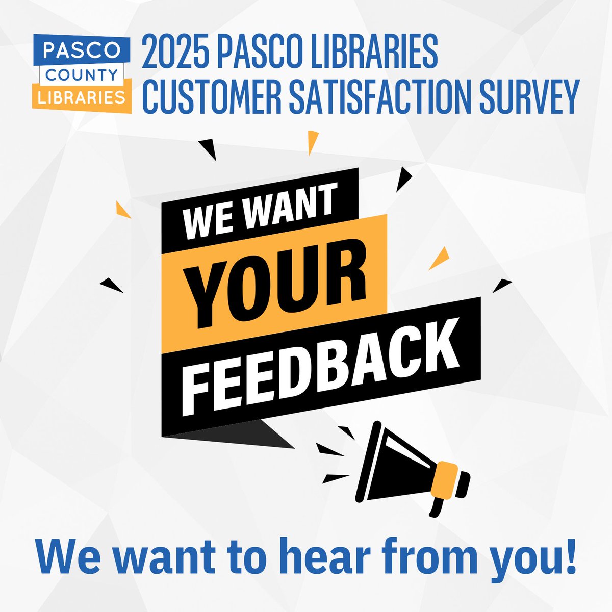PascoLibraries's tweet image. NOW EXTENDED – The 2025 Customer Satisfaction Survey has been extended to Monday, August 11. This is your chance to share what you enjoy and would like to see at the library. Take the survey at any Pasco County Library or here: bit.ly/PCLS2025Survey. Thank you!