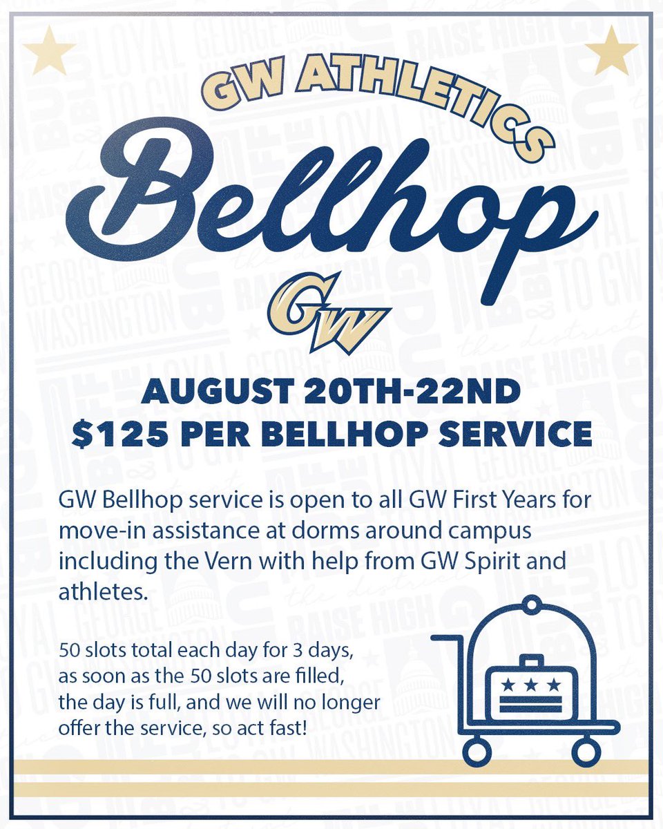 🚨Attention First-Years🚨

Need help moving onto campus? Bellhop is here to help! Hit the link below to learn more about our move-in services! #RaiseHigh 

🔗: am.ticketmaster.com/gwathletics/bu…