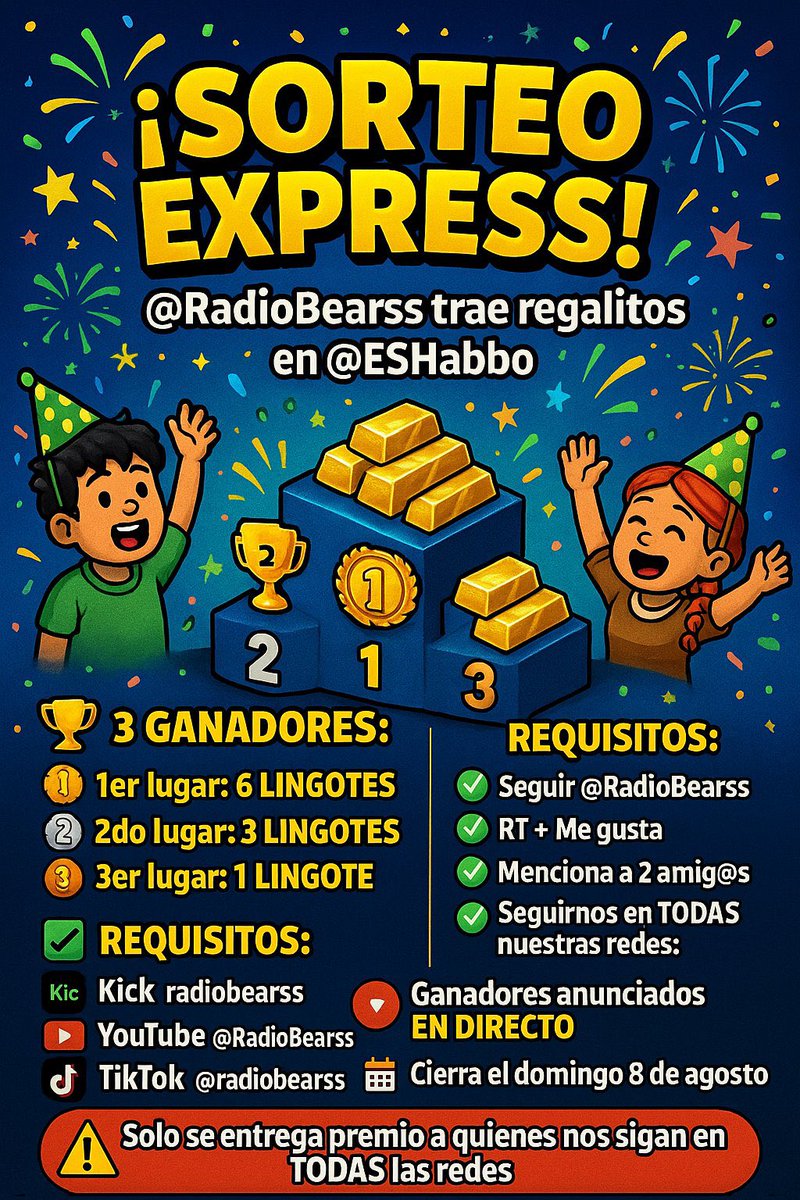 TheRadioBear (@theradiobear) on Twitter photo 🎉 SORTEO EXPRESS 🐻🎁
¡<a href="/TheRadioBear/">RadioBears.com</a> trae regalitos en <a href="/ESHabbo/">Habbo ES/MX</a>!
🥇6Lingotes
🥈3Lingotes
🥉1Lingote
🔸 Requisitos:
Seguir a <a href="/leyender_x/">.:atomico.:</a> y <a href="/TheRadioBear/">RadioBears.com</a> 🐻
RT 🔁 + Me gusta ❤️
Leer la imagen anexada para saber los demás requisitos 🧸
Menciona a 2 amig@s 🐾
📅 Cierra el 🎉 SORTEO EXPRESS 🐻🎁
¡<a href="/TheRadioBear/">RadioBears.com</a> trae regalitos en <a href="/ESHabbo/">Habbo ES/MX</a>!
🥇6Lingotes
🥈3Lingotes
🥉1Lingote
🔸 Requisitos:
Seguir a <a href="/leyender_x/">.:atomico.:</a> y <a href="/TheRadioBear/">RadioBears.com</a> 🐻
RT 🔁 + Me gusta ❤️
Leer la imagen anexada para saber los demás requisitos 🧸
Menciona a 2 amig@s 🐾
📅 Cierra el