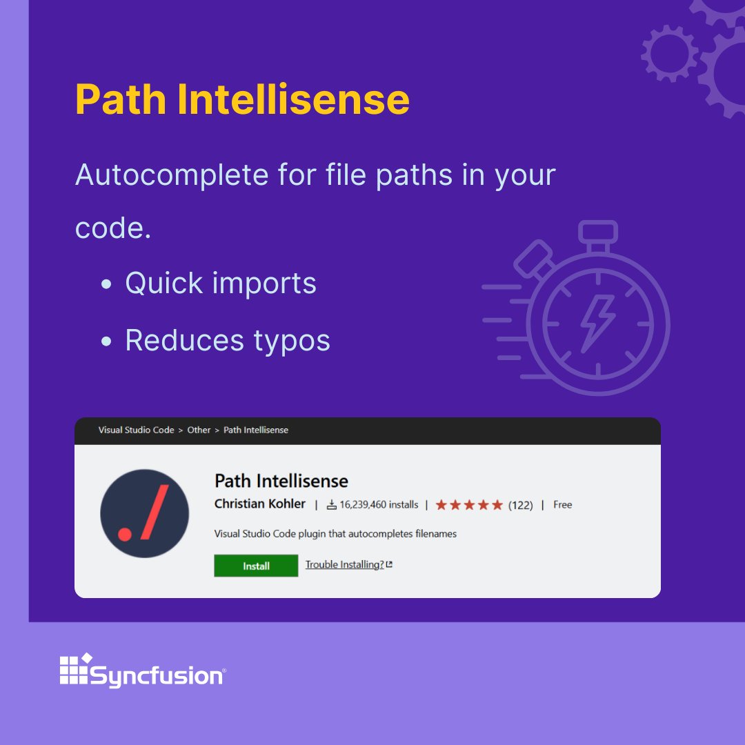 Syncfusion's tweet image. Path Intellisense
Provides intelligent autocomplete for file paths, speeding up import statements.
Supports relative and absolute paths to reduce typos and improve accuracy.
➡️ Let’s explore another AI-powered tool 👇
#DevEfficiency #VSCodeExtensions
(6/11)