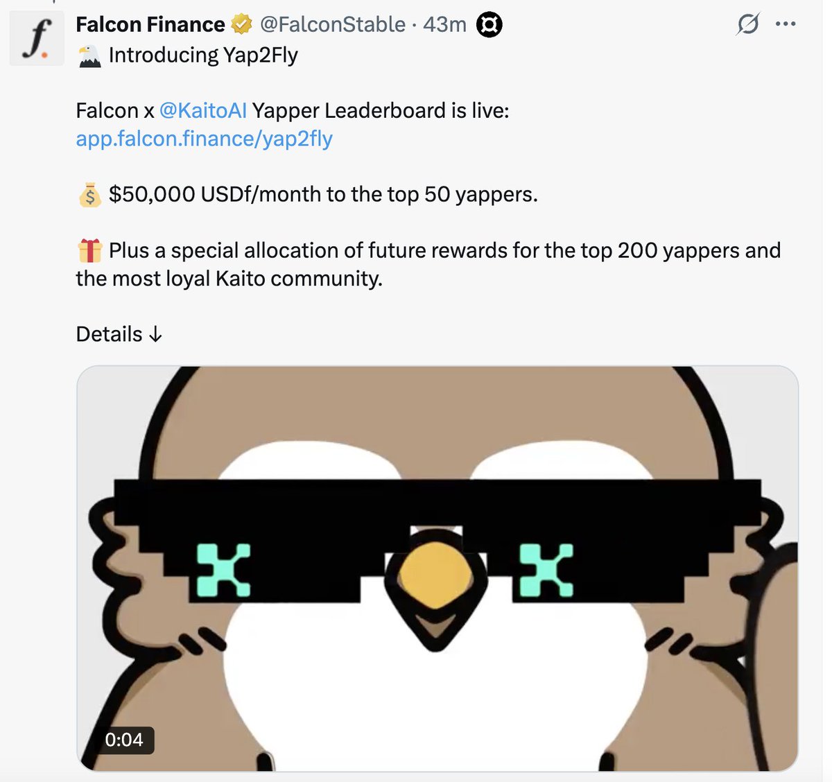 [드디어 입점, 바로 해야하는 일] <a href="/FalconStable/">Falcon Finance</a>  
지금 자면 안 됩니다! 당장 가입하고 글을 써!
팔콘은 DWF의 합성자산 프로젝트로 1.09b TVL 모았음 
아직 TGE 전이고, Yap2Fly 자체 리더보드를 기준으로 Top 50 유저에게 50,000$를 분배 (카이토 + 자체 포인트)

Top 200 야퍼와 스테이커한테 특별