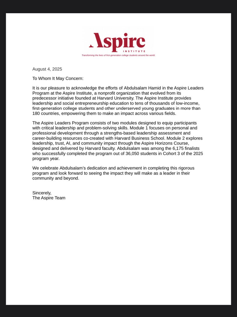 Abdorozhbayani9's tweet image. Just completed the 2025 Aspire Leaders Program! 🎓
Grateful to be among 6,175 finalists out of 36,000+ global students.
Trained in leadership, AI, trust &amp;amp; impact through Harvard-designed courses.

Thank you @aspire_leaders for the opportunity!
#AspireInspiresFirstGen #Leadership