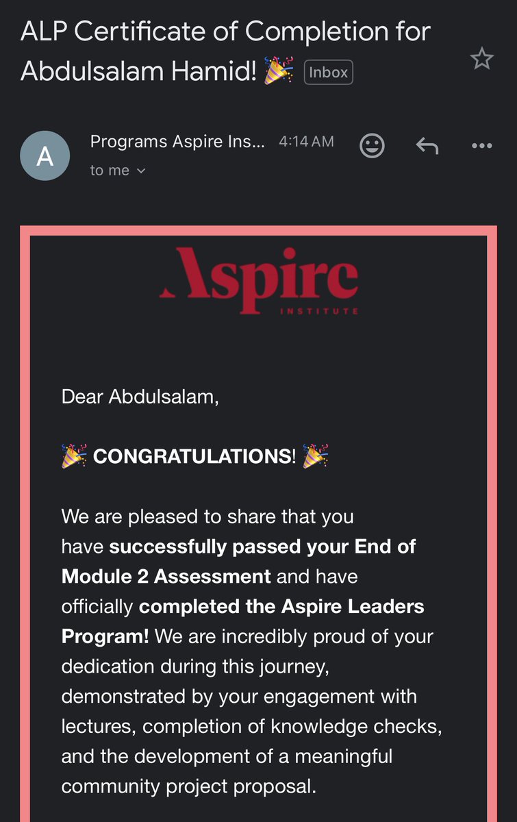 Abdorozhbayani9's tweet image. Just completed the 2025 Aspire Leaders Program! 🎓
Grateful to be among 6,175 finalists out of 36,000+ global students.
Trained in leadership, AI, trust &amp;amp; impact through Harvard-designed courses.

Thank you @aspire_leaders for the opportunity!
#AspireInspiresFirstGen #Leadership