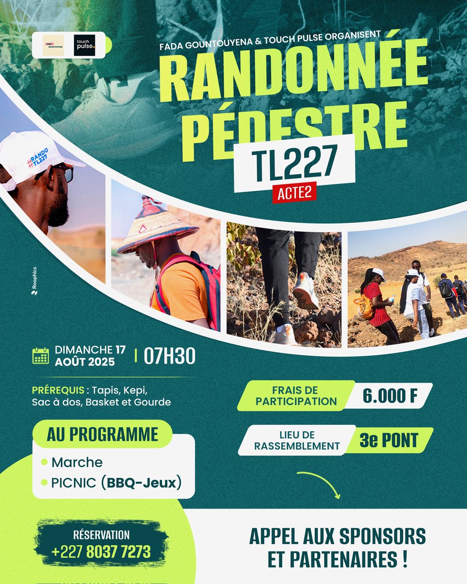 Oublie la marche et les montées , penses à l'ambiance,les fous rires, les selfies, le service XXL… et là tu vis pleinement la#RandoTL227 . 🥾🚶🏾

Les détails :⤵️⤵️⤵️

📆 Dimanche 17 août
📍 Départ : 3e Pont
💵 6000 FCFA via MyNita
📞 80 37 72 73