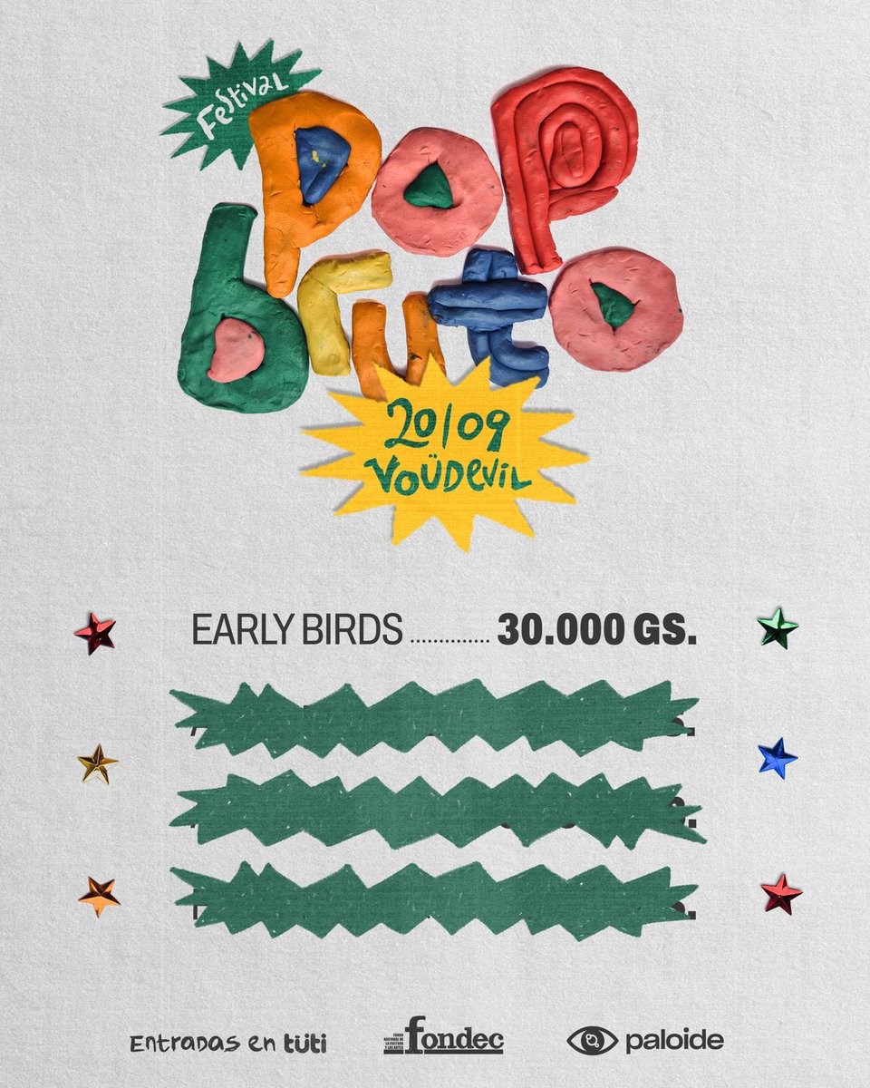 Se viene POP BRUTO, un nuevo festival para celebrar la primavera 🌷

En vivo:
<a href="/elcultocasero/">El Culto Casero</a> 
<a href="/juanlopezboi/">Juan Lopez</a> 🇦🇷
411y
<a href="/the_crayolas/">The Crayolas</a> 
Mi Sueño Póstumo 
Chicoplastic

Entradas: tuti.com.py/evento/FESTIVA…

<a href="/paloidemusic/">Paloide 👁‍🗨</a> 👁️‍🗨️

Con el apoyo de <a href="/fondec_py/">FONDEC Paraguay</a> 🇵🇾